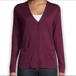 Lord + Taylor Extra Fine Merino Wool Maroon Button Up Cardigan